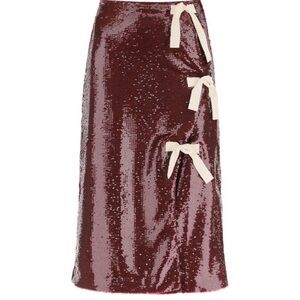 Ganni Sequin Midi Skirt with Bows - Burgundy size 34